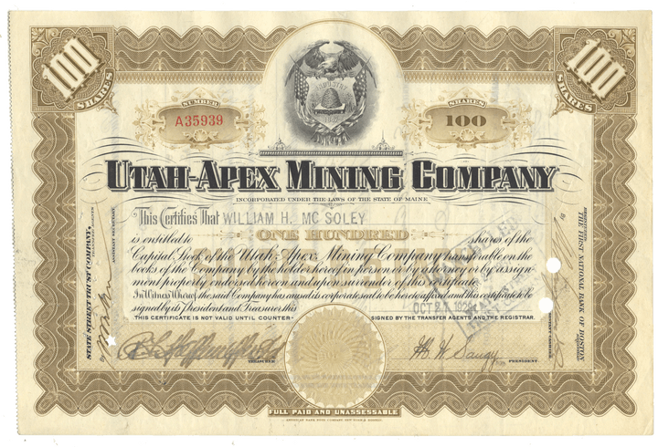 Vintage Utah-Apex Mining Company stock certificate with intricate design and text.