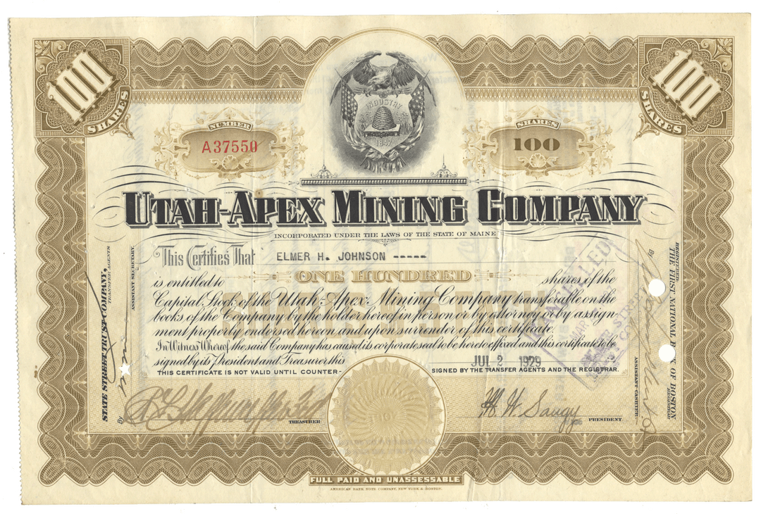 Vintage stock certificate of Utah Apex Mining Company with intricate design and text.