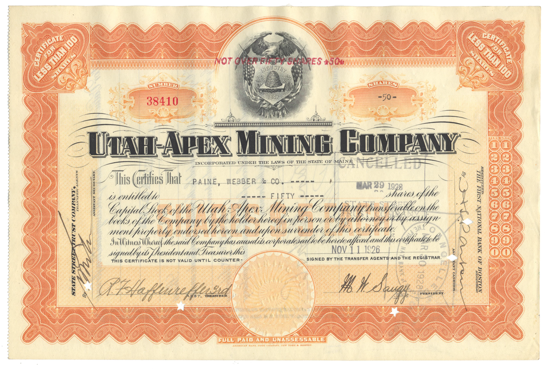 Utah-Apex Mining Company Stock Certificate