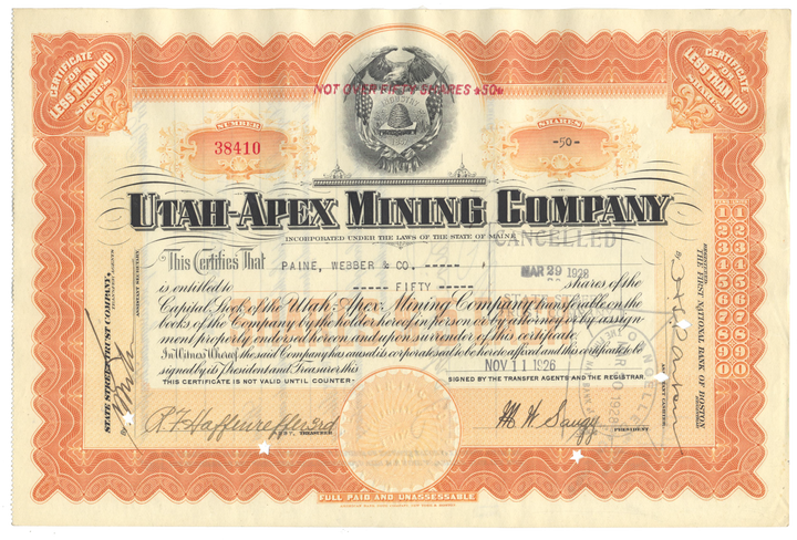 Utah-Apex Mining Company Stock Certificate