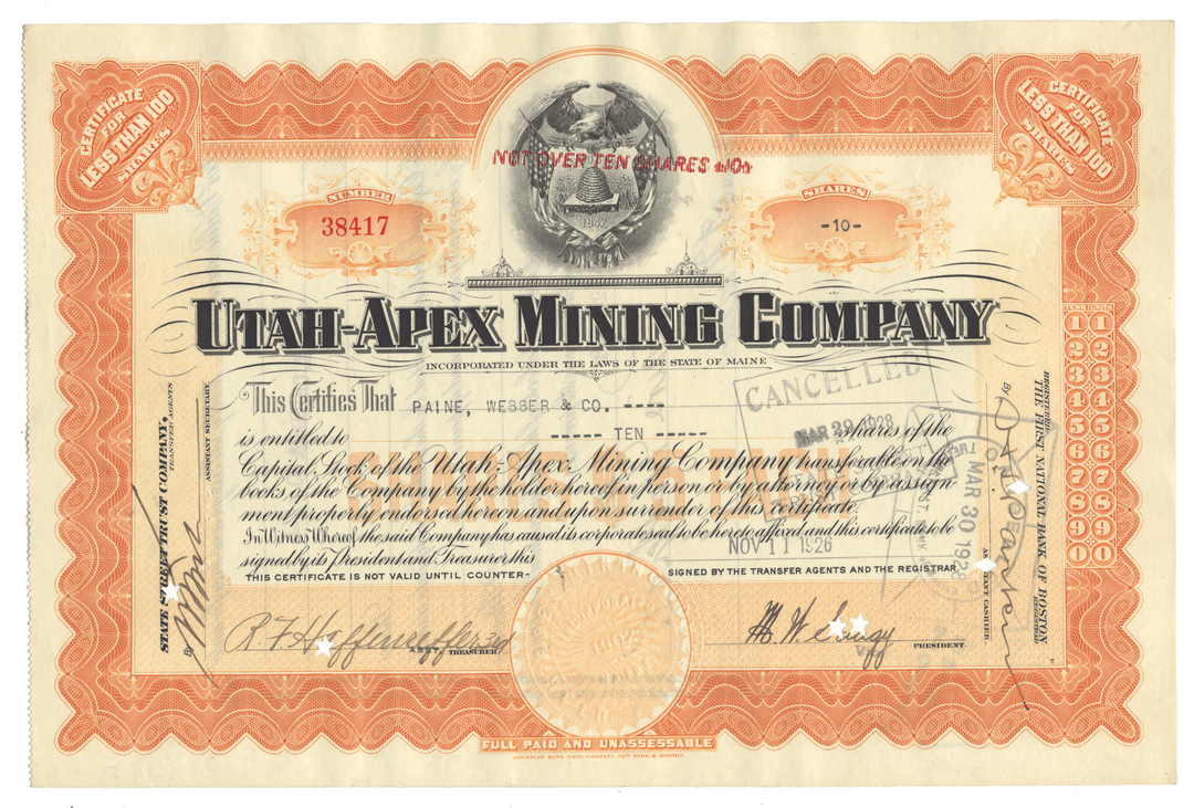 Vintage Utah-Apex Mining Company stock certificate with decorative elements.