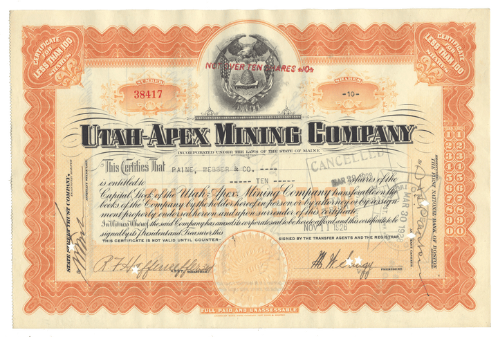 Vintage Utah-Apex Mining Company stock certificate with decorative elements.