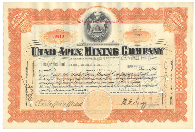 Utah-Apex Mining Company Stock Certificate