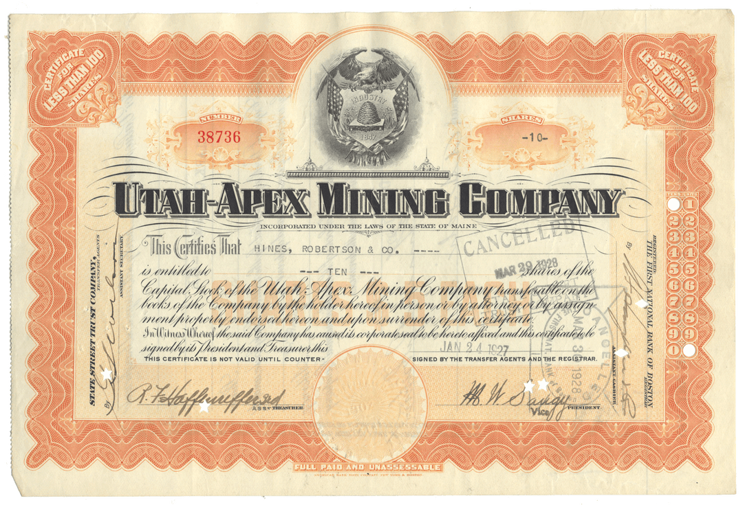 Utah-Apex Mining Company stock certificate with decorative elements