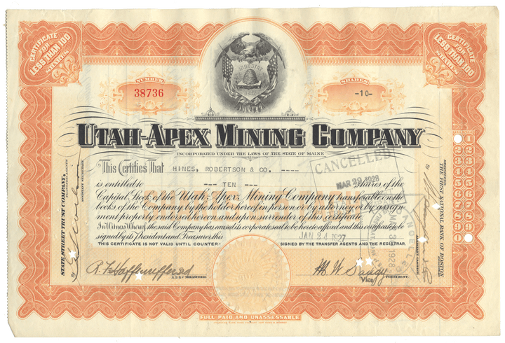 Utah-Apex Mining Company stock certificate with decorative elements