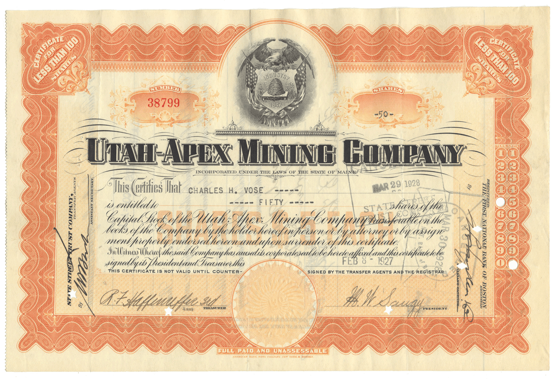 Utah-Apex Mining Company Stock Certificate