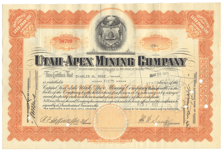 Utah-Apex Mining Company Stock Certificate
