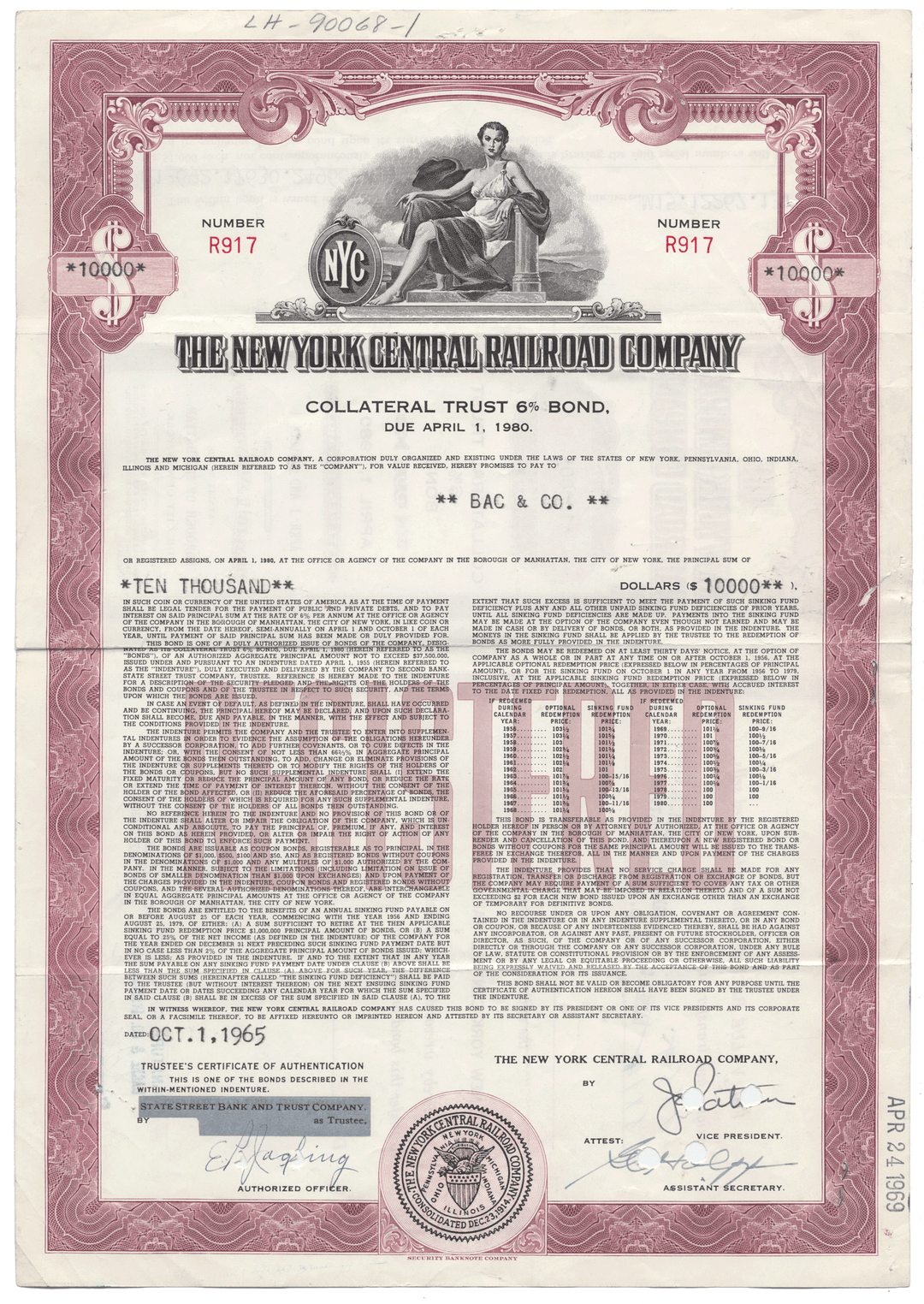 New York Central Railroad Company Bond Certificate