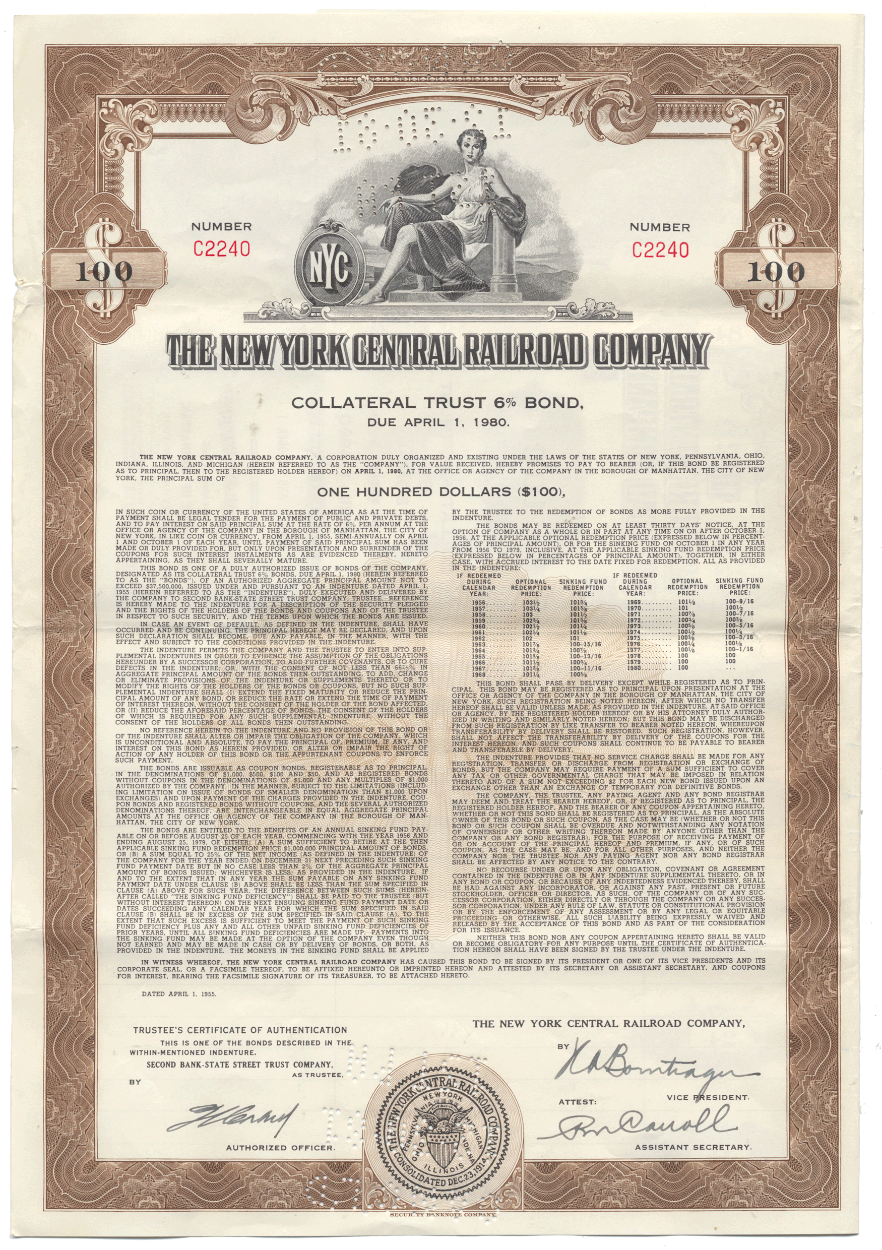 Collateral trust bond certificate of The New York Central Railroad Company with decorative border and text.