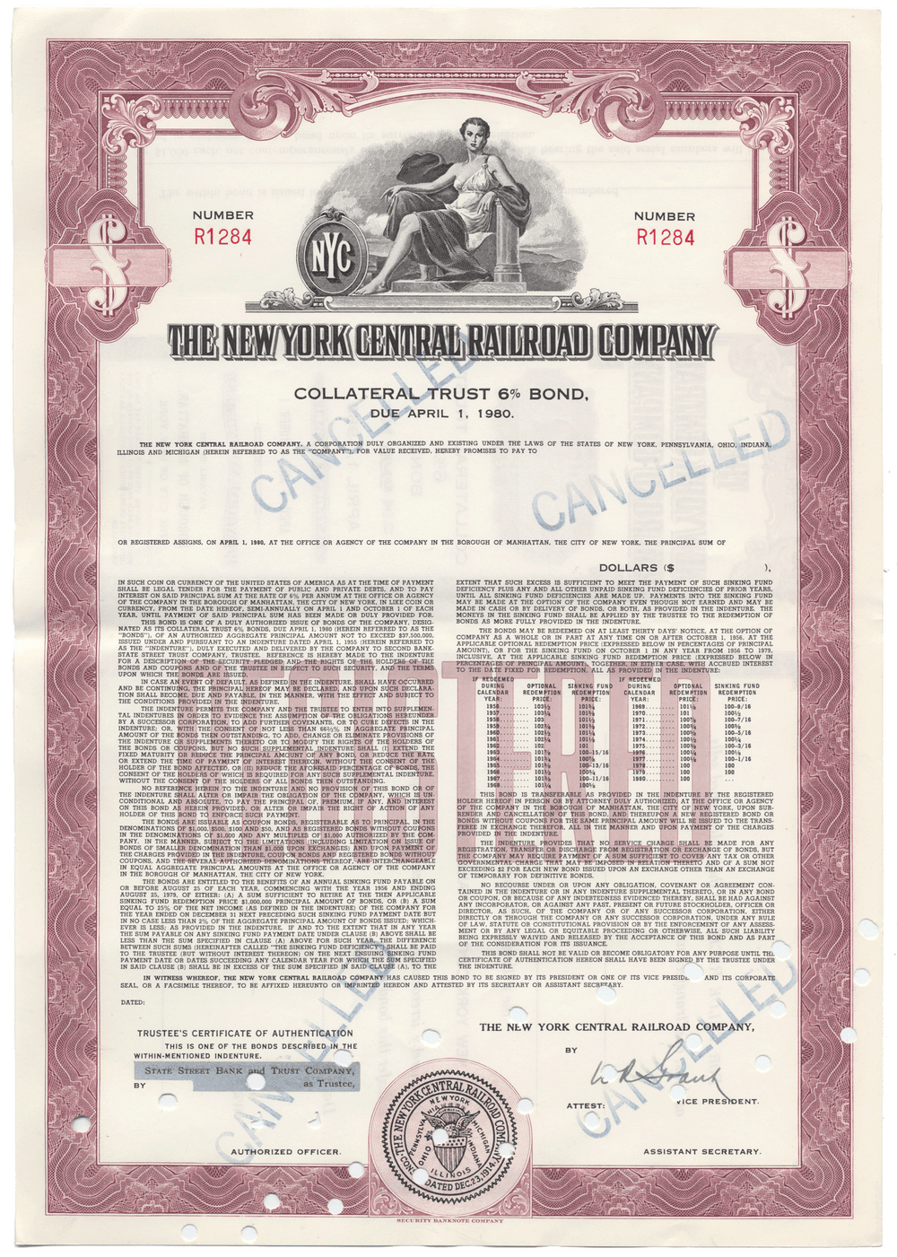 Collateral trust bond certificate from The New York Central Railroad Company with decorative border and text.