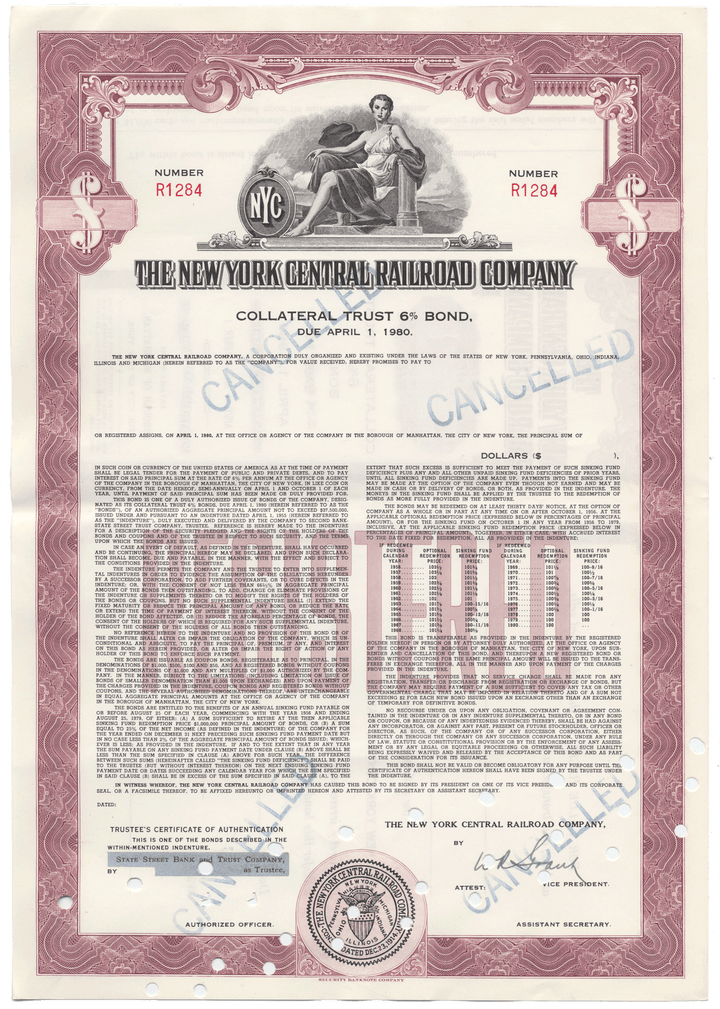 Collateral trust bond certificate from The New York Central Railroad Company with decorative border and text.