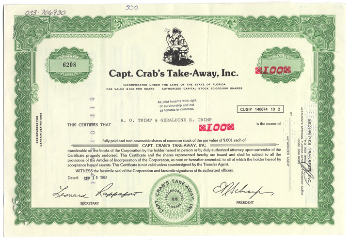 Capt. Crab, Inc. Stock Certificate