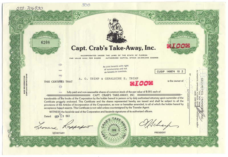 Capt. Crab, Inc. Stock Certificate