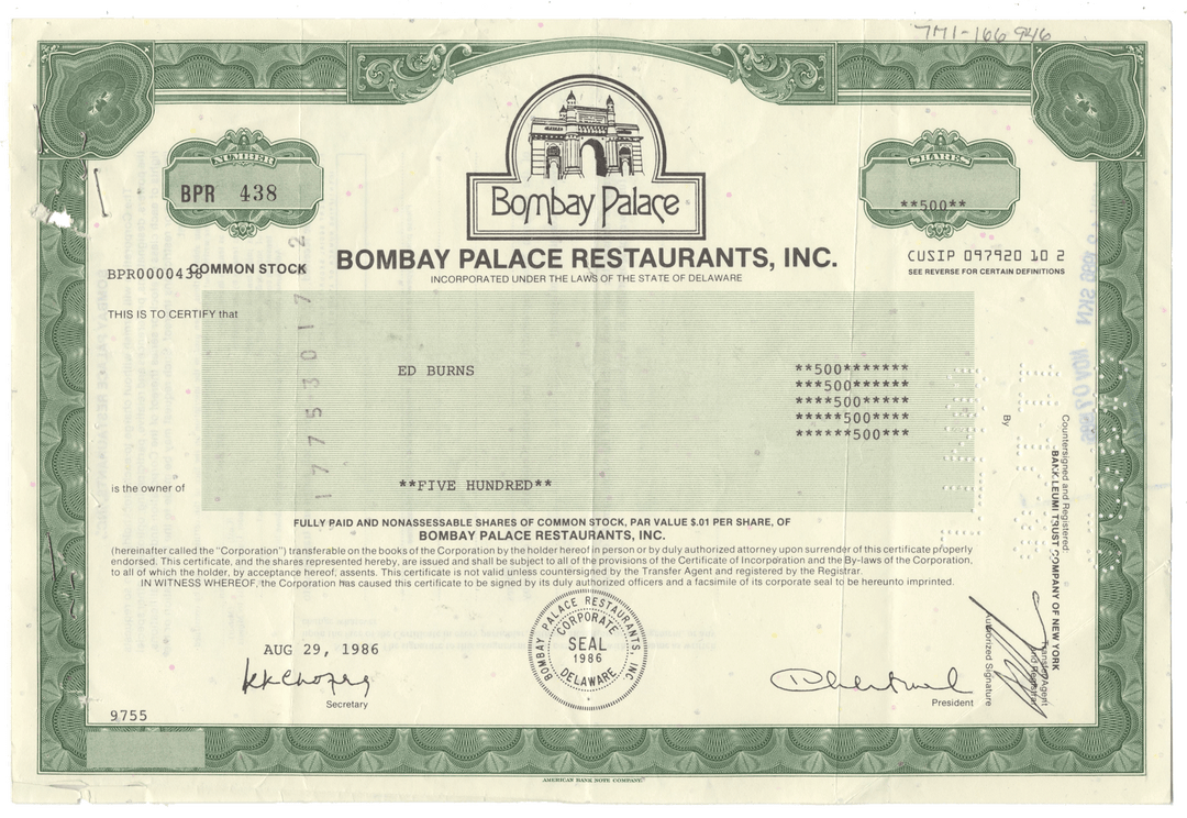Stock certificate for Bombay Palace Restaurants, Inc. with green border and text.