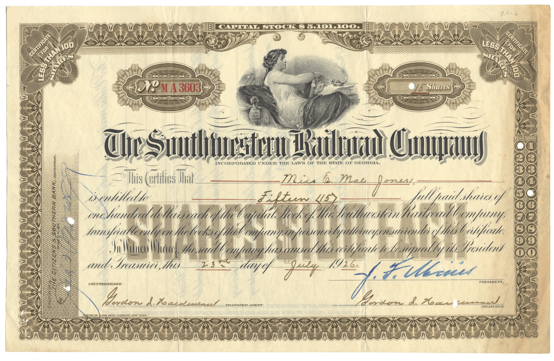 Vintage stock certificate of The Southwestern Railroad Company with decorative elements and text.