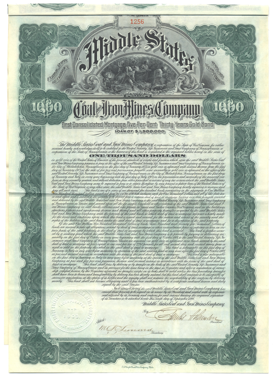 Middle States Coal and Iron Mines Company Bond Certificate