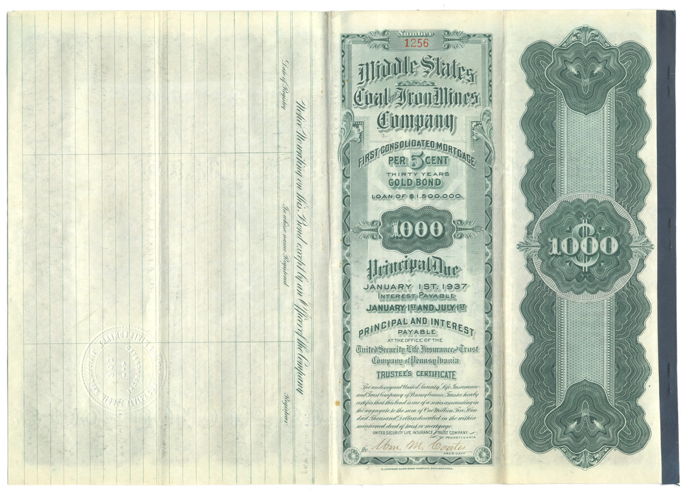 Middle States Coal and Iron Mines Company Bond Certificate