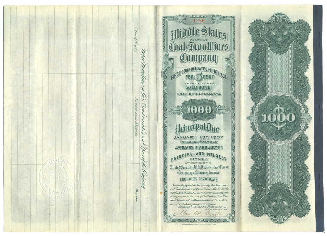 Middle States Coal and Iron Mines Company Bond Certificate