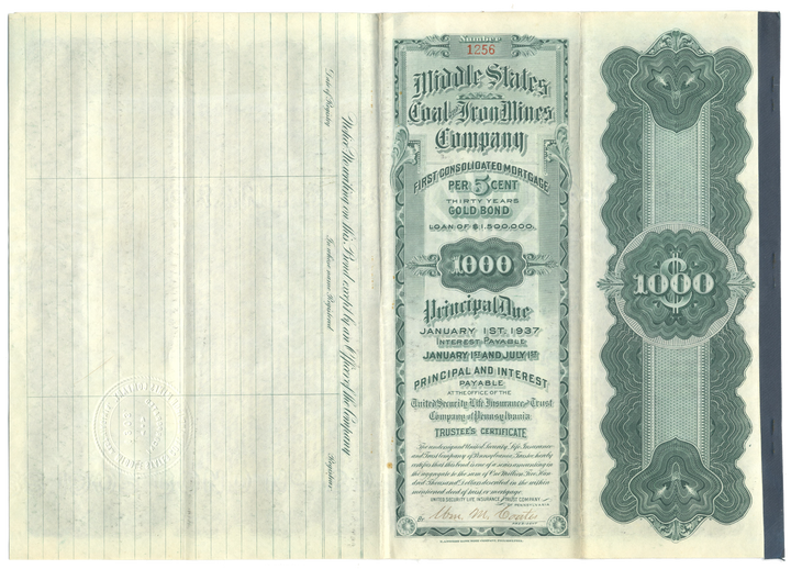 Middle States Coal and Iron Mines Company Bond Certificate