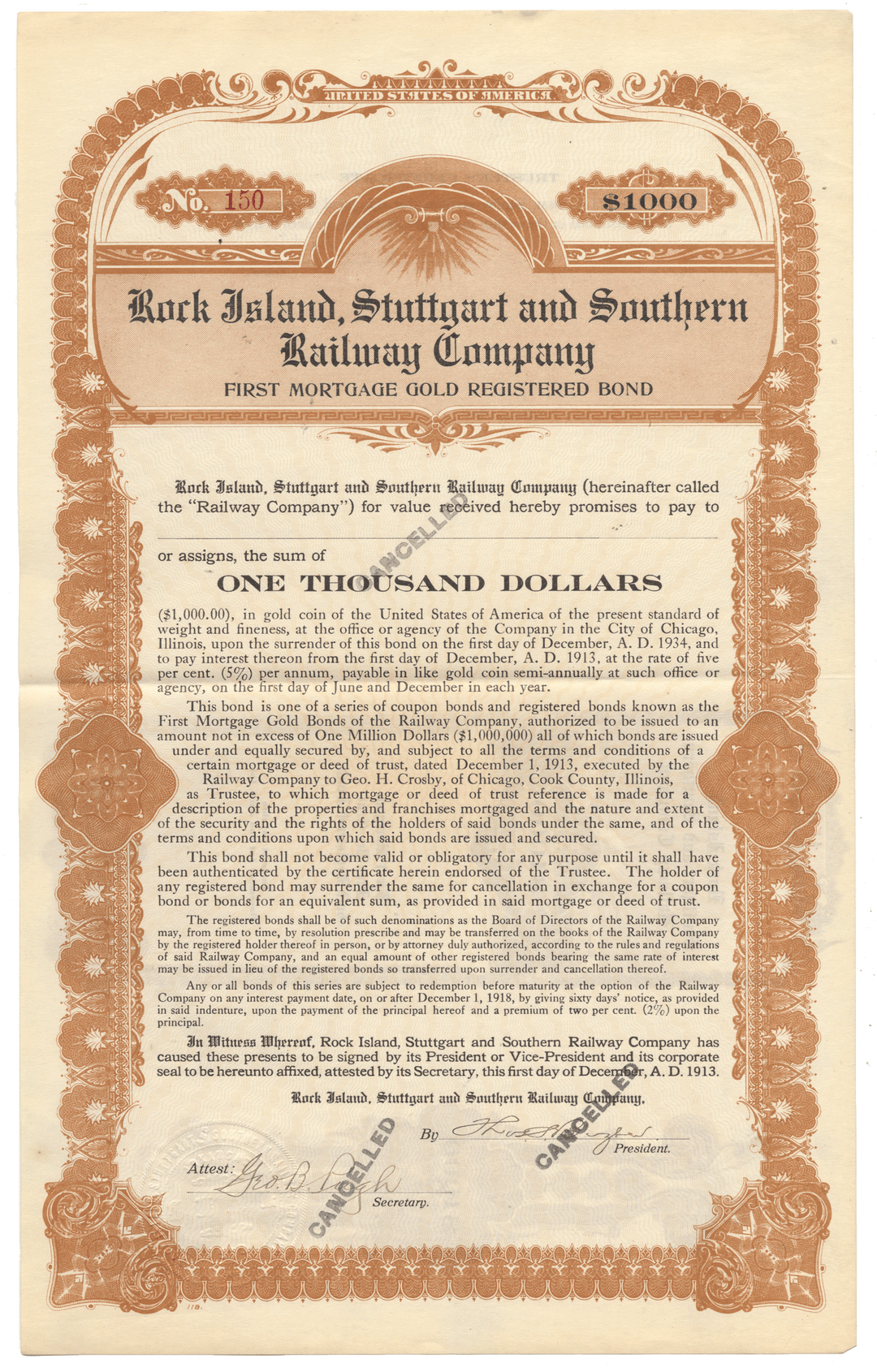Rock Island, Stuttgart and Southern Railway Company bond certificate from 1913