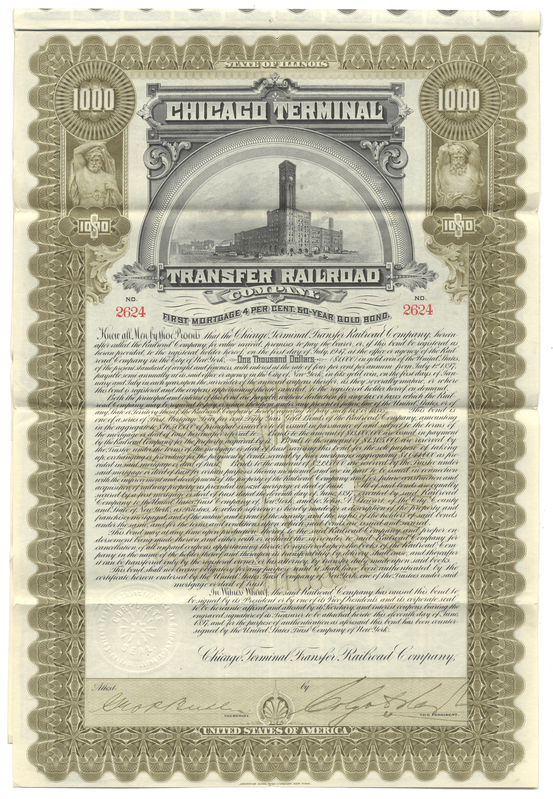 Historical bond certificate for the Chicago Terminal Transfer Railroad Company with intricate design and text.