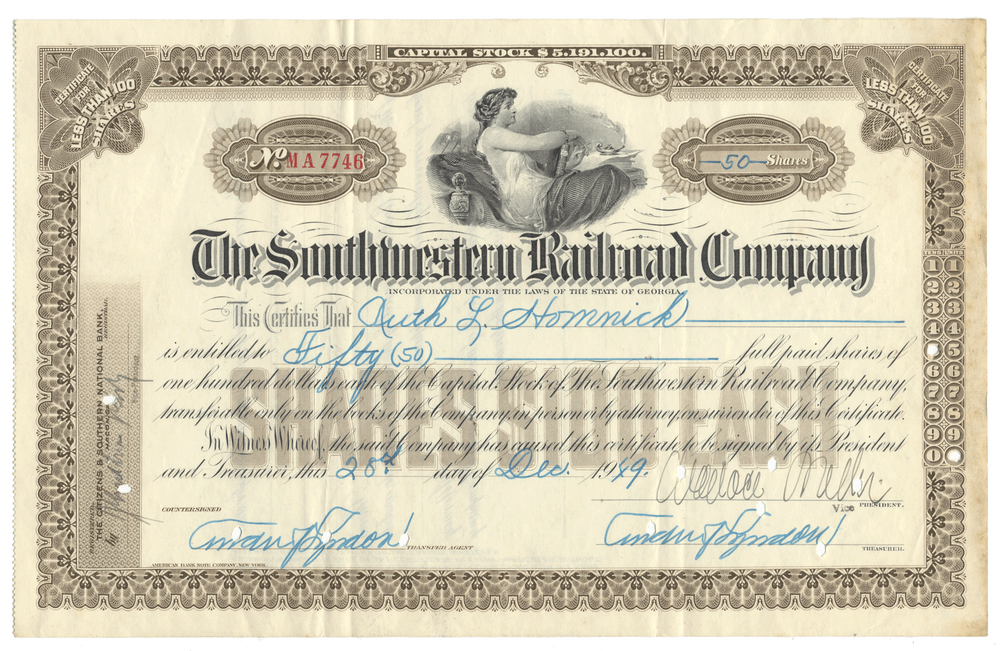 Vintage stock certificate of the Southwestern Railroad Company with decorative elements and signatures.