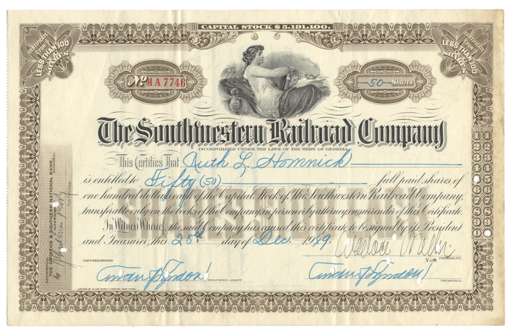 Vintage stock certificate of the Southwestern Railroad Company with decorative elements and signatures.