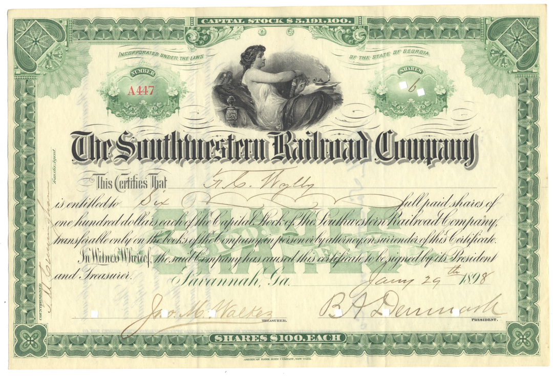 Southwestern Railroad Company Stock Certificate