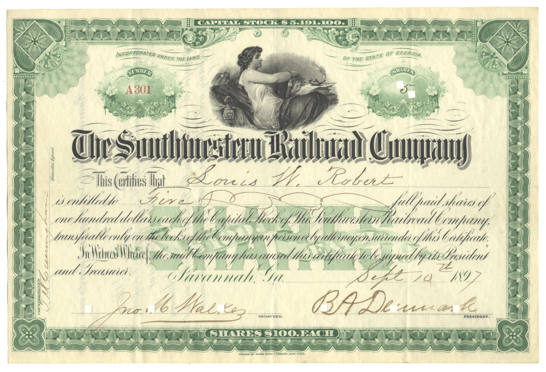 Southwestern Railroad Company Stock Certificate