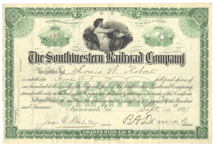 Southwestern Railroad Company Stock Certificate