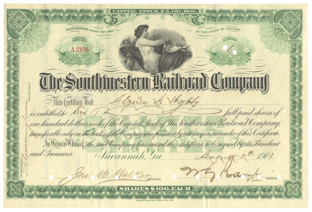 Vintage stock certificate of the Southwestern Railroad Company with decorative elements and text.