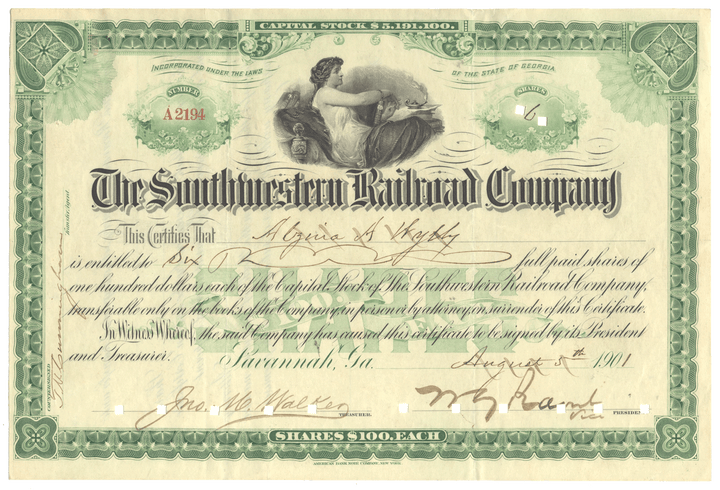 Vintage stock certificate of the Southwestern Railroad Company with decorative elements and text.