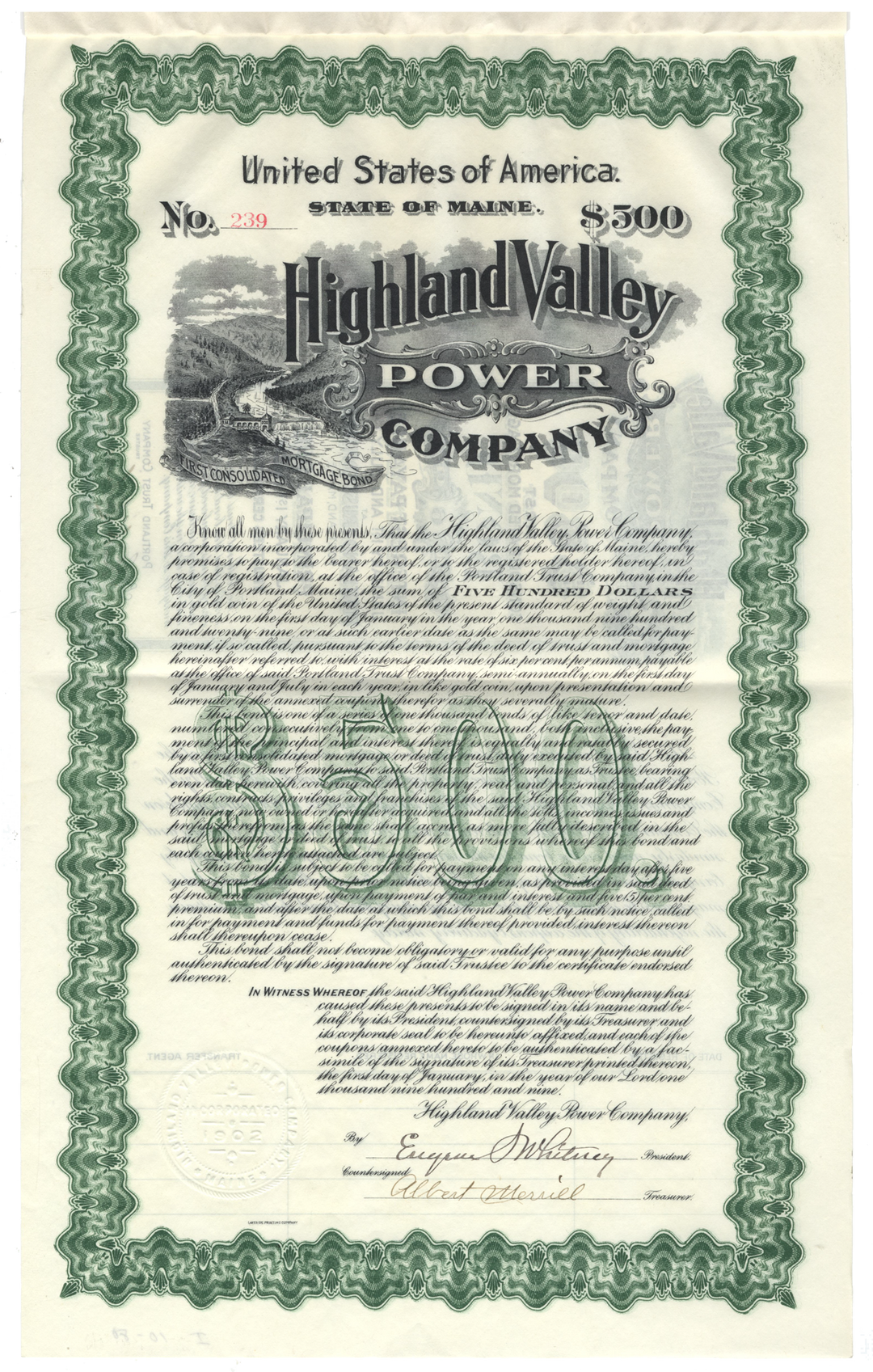 Highland Valley Power Company Bond Certificate