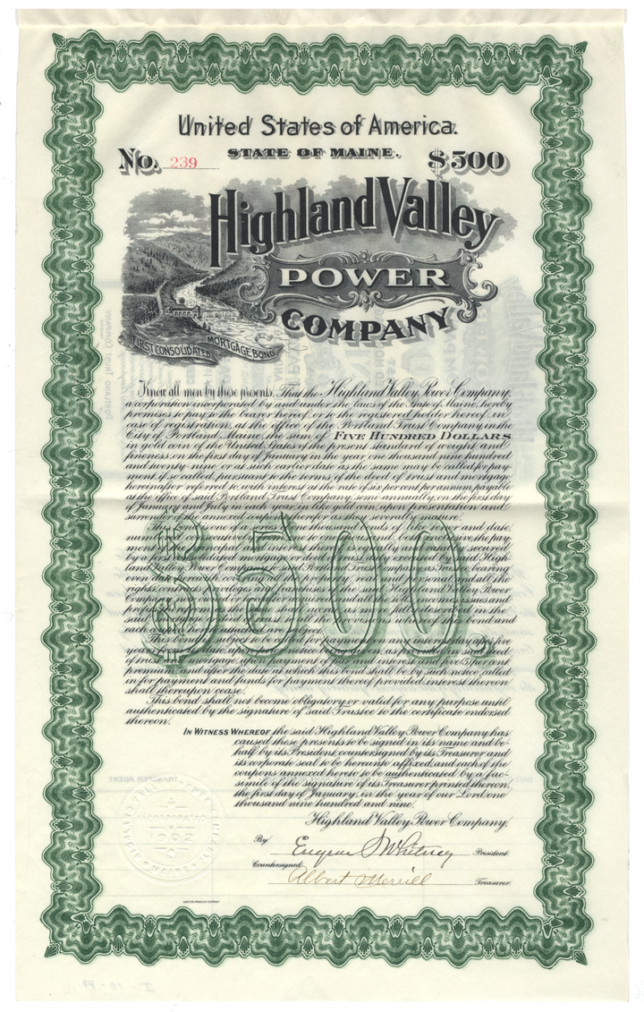 Highland Valley Power Company Bond Certificate