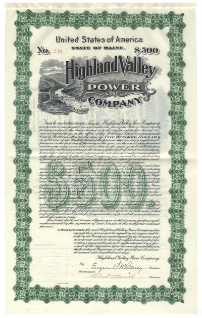 Highland Valley Power Company Bond Certificate