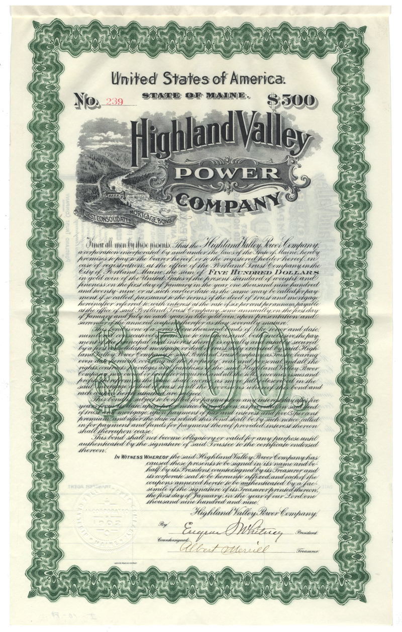 Highland Valley Power Company Bond Certificate