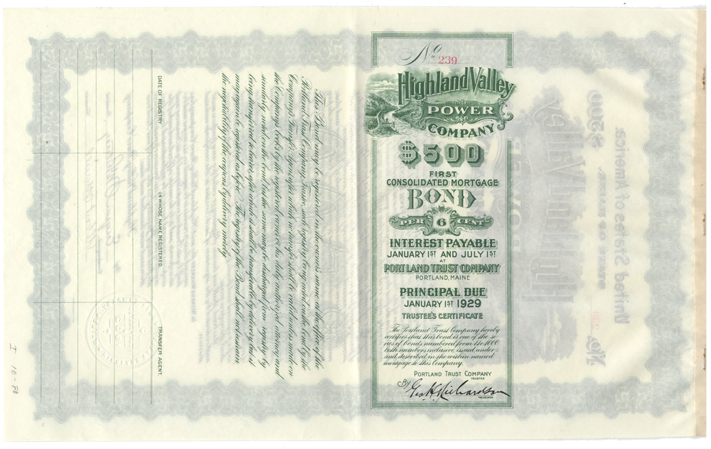 Highland Valley Power Company Bond Certificate