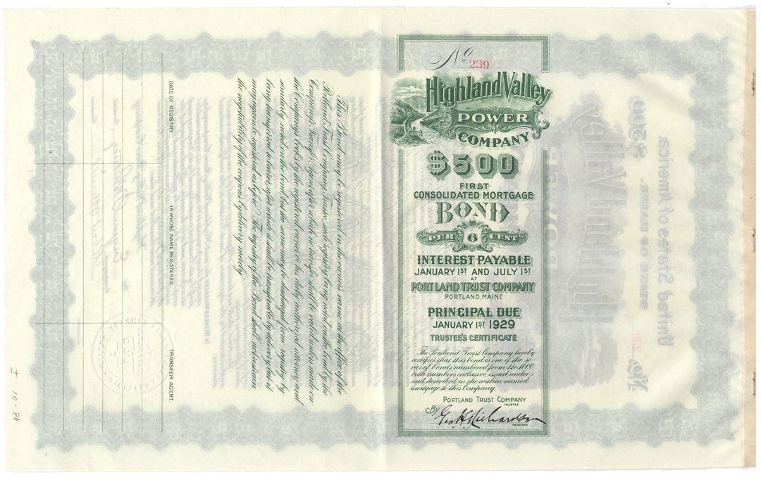 Highland Valley Power Company Bond Certificate