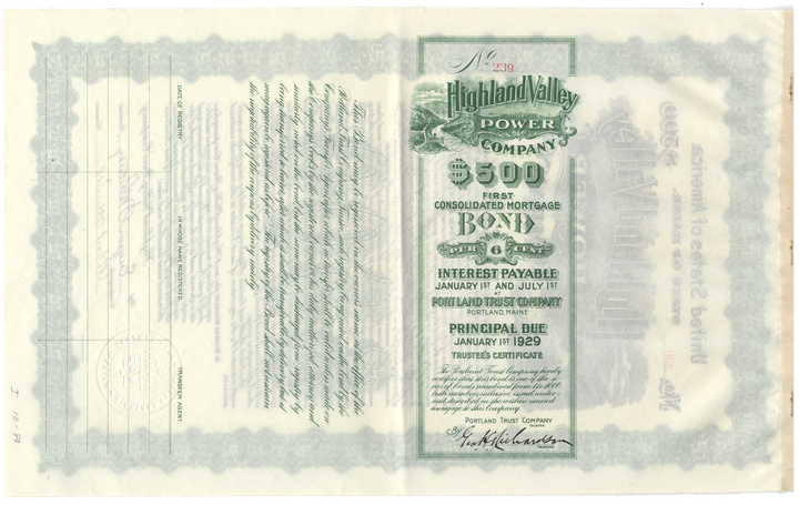 Highland Valley Power Company Bond Certificate