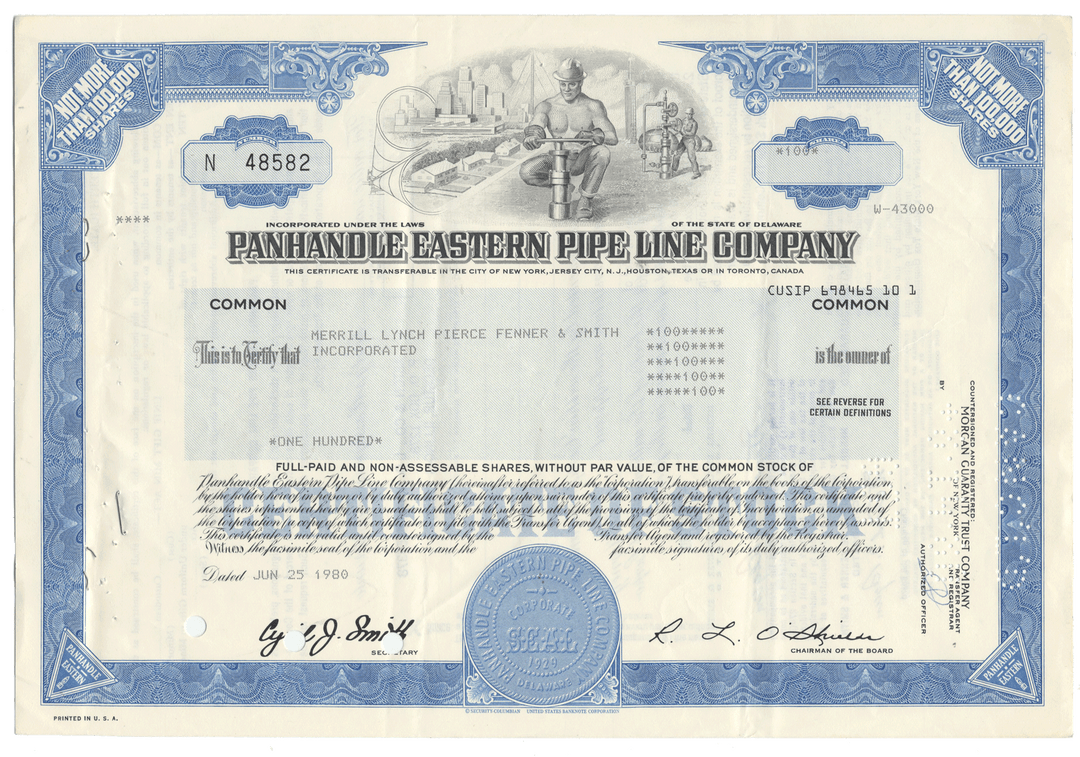 Panhandle Eastern Pipe Line Company stock certificate with blue and white design.