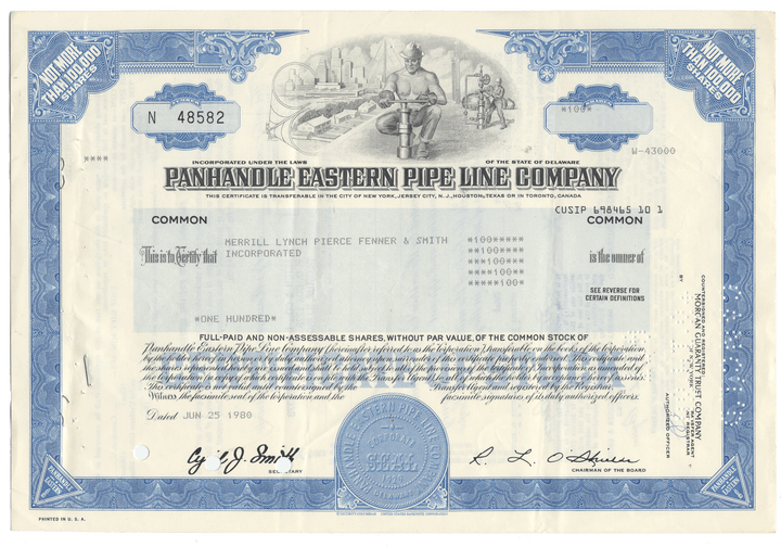 Panhandle Eastern Pipe Line Company stock certificate with blue and white design.