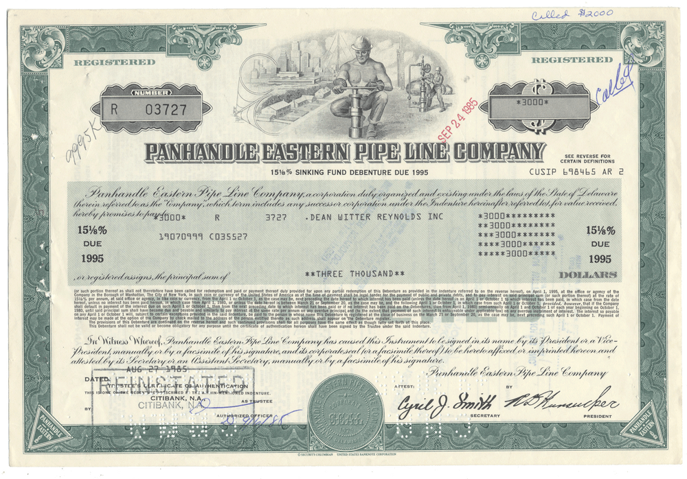 Share certificate of Panhandle Eastern Pipe Line Company with decorative elements and text.