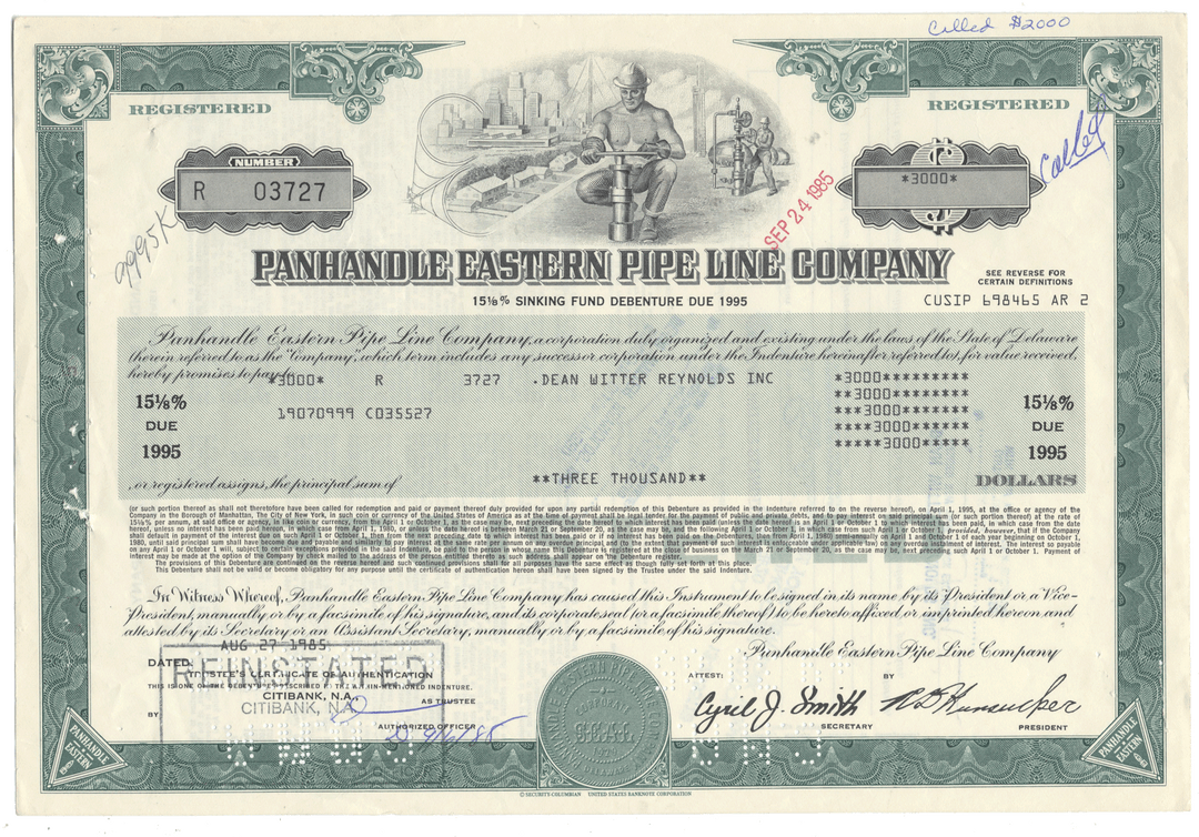 Share certificate of Panhandle Eastern Pipe Line Company with decorative elements and text.