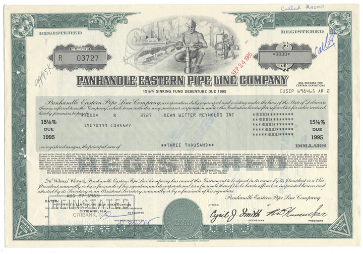 Share certificate of Panhandle Eastern Pipe Line Company with decorative elements and text.