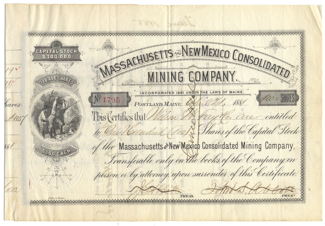 Massachusetts and New Mexico Consolidated Mining Company Stock Certificate