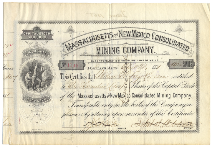 Massachusetts and New Mexico Consolidated Mining Company Stock Certificate