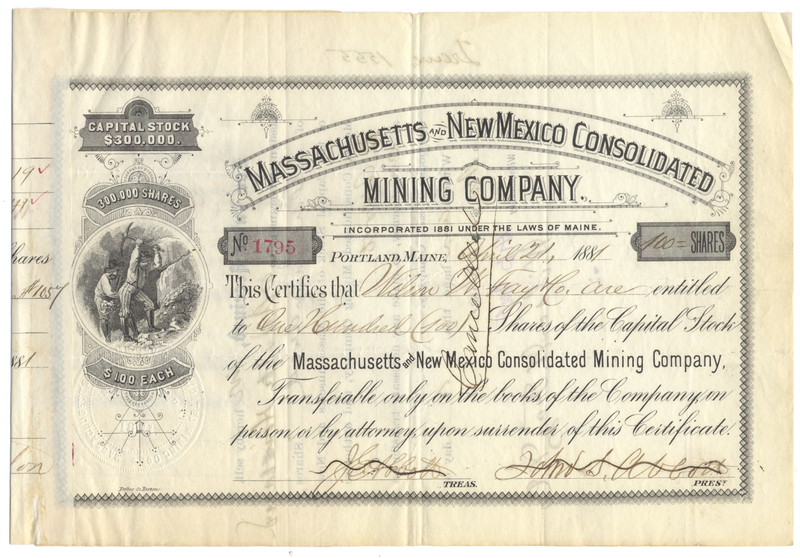 Massachusetts and New Mexico Consolidated Mining Company Stock Certificate