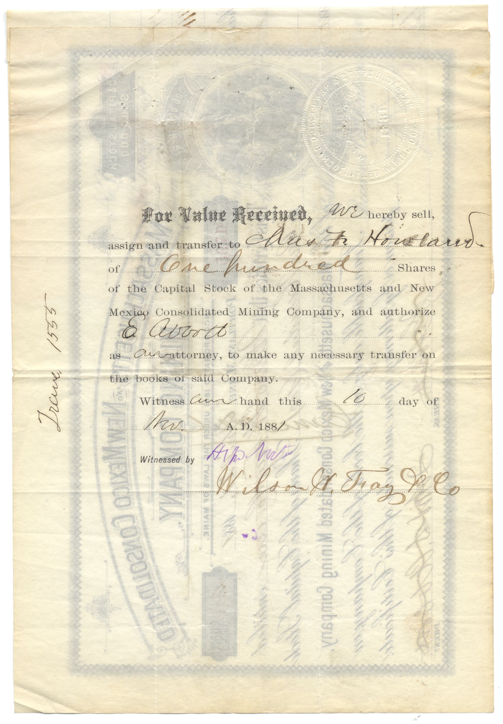 Massachusetts and New Mexico Consolidated Mining Company Stock Certificate