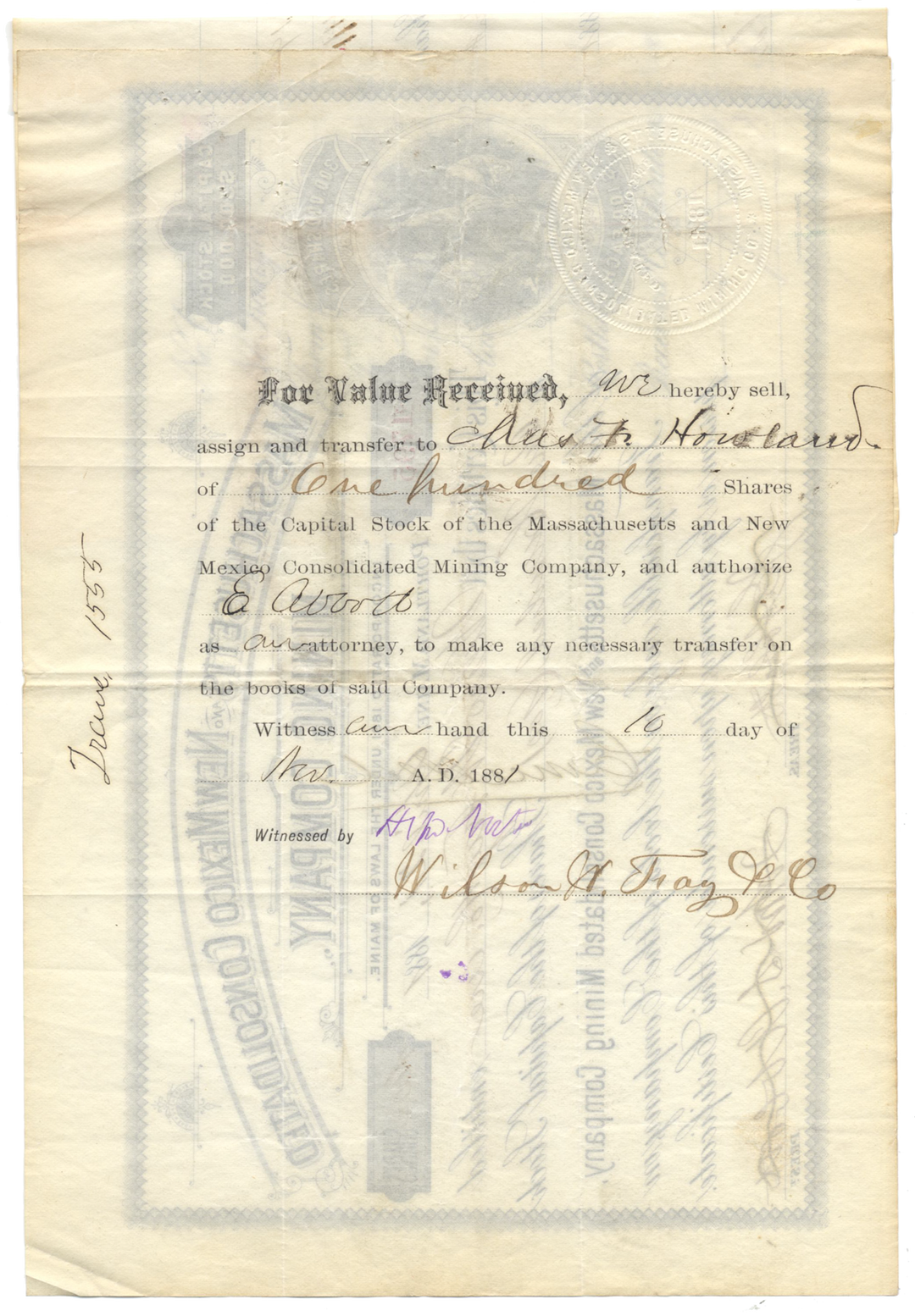 Massachusetts and New Mexico Consolidated Mining Company Stock Certificate