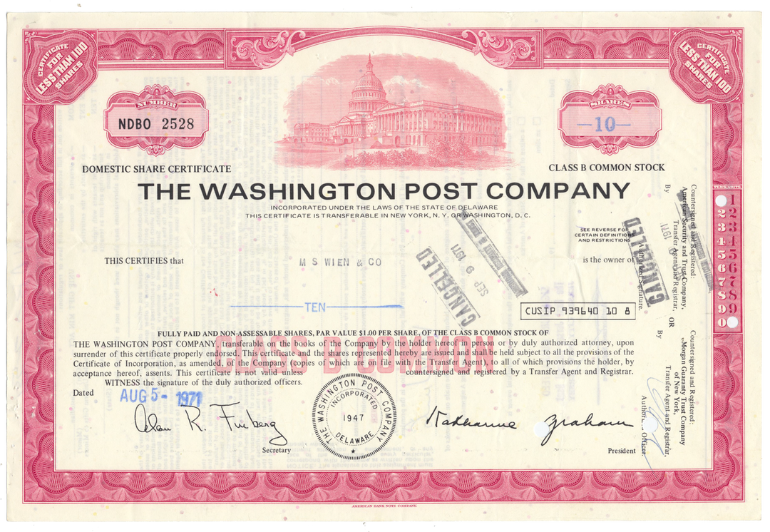 Washington Post Company Stock Certificate